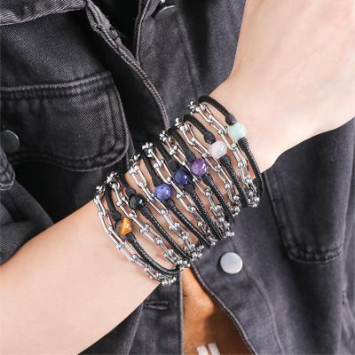 China Environmental Friendly Natural Magnetic Clasp Chain Double Layer Stainless Steel Bead Stone Men Black Genuine Leather Bracelet for sale