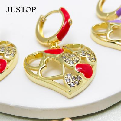 China New Fashion Environmental Friendly Luxury 18K Gold Plated Zircon Brass Heart Circle Dangle Earrings For Women Jewelry for sale