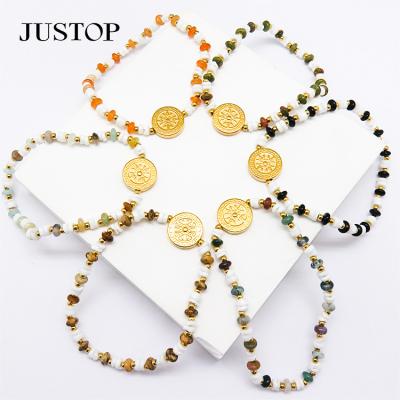 China Jewelry Environmentally Friendly Cuban Chain Personality Accessories Natural Stone Beads Jewelry Stainless Steel Cutout Pendant Bracelet for sale