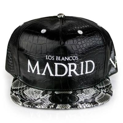 China JOINT hot sales black leather front with black color panels flat brim 3d embroidery men fashion white leather strap back cap for sale