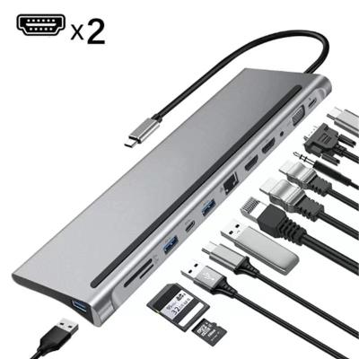 China Multiple USB-C Interfaces Support 12 in 1 Multifunctional Type C USB C Hub Dual HDTV 4K VGA RJ45 Docking Station Ethernet Card Reader for Type-C Macbook Adapter for sale