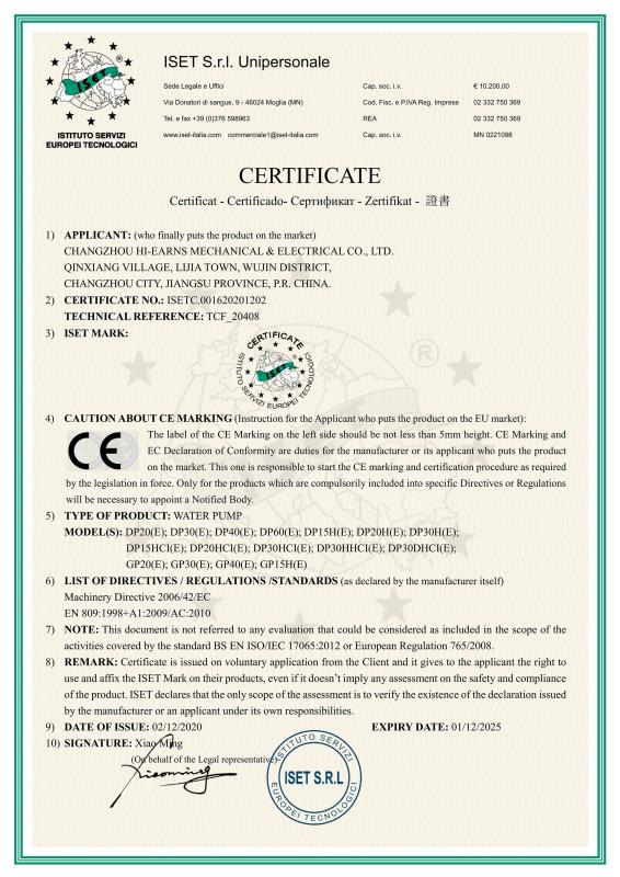 CE - Changzhou Hi-Earns Mechanical And Electrical Co., Ltd.