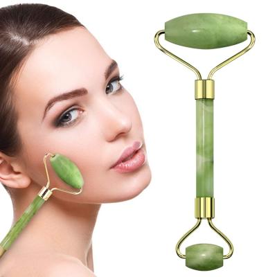 China Double Real Jade Facial Roller Anti Aging Green 100% Comfortable Head Natural Face Roller Beauty Massager for sale