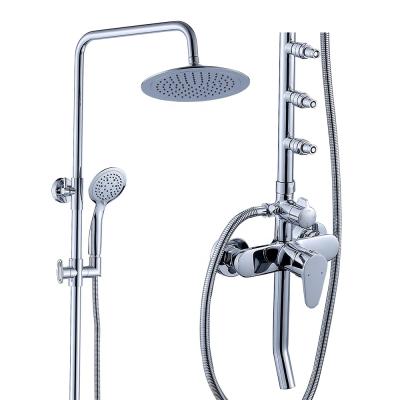 China Without Sliding Bar Wall Mounted High Level Chrome Plating Shower Set 4 Functions Bathroom Brass Shower Set Exposed Rain Shower Mixer Set for sale