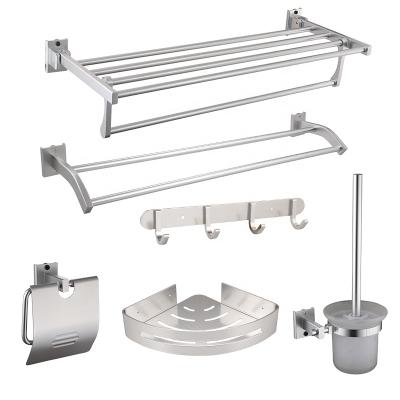 China Durable Bathroom Simple Style Accessories Sets Multi Anodizing Aluminum Mobile Towel Rack Bath Hooks Double Towel Bath Hardware Set for sale