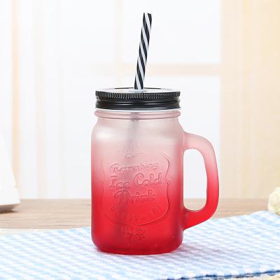 China Sustainable Wholesale 12oz 17oz 18oz Colored Glass Drinking Mason Jar With Handle Lid And Straw for sale