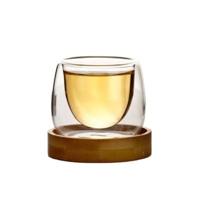 China Sustainable Hot Selling 80ml Small Double Wall Glass Clear Tea Cup Set With Wooden Base for sale