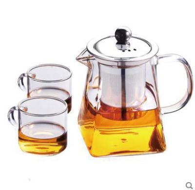 China Sustainable 350ml 550ML Mini Square Glass 1pcs Teapot With 2pcs Cups Teapot Set With Stainless Steel Filter for sale