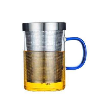 China Sustainable Material Tea Coffee Borosilicate 450ML Glass Mug With Stainless Steel Filter And Handle for sale