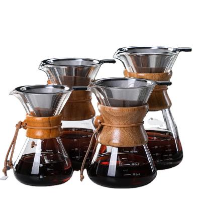 China Sustainable New Design High Borosilicate Glass Hand Coffee Pot Set Coffee Sharing Pot With Stainless Steel Filter And Wood Chip Collar for sale