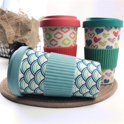 China Sustainable Portable 400ml Fiber Silicone Lid Reusable Bamboo Coffee Cups Eco Friendly Non Slip Printing Travel Mugs for sale