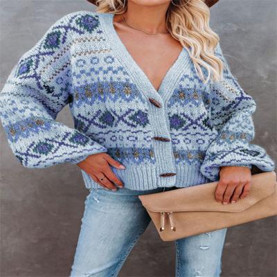 China Anti-Wrinkle Floral Print Cardigan Women Knitted Casual Jumper Coat Tank Top Loose Women Oversize Cardigan Long V-Neckline Sweater for sale