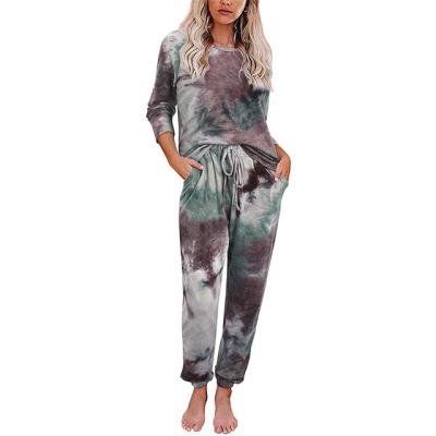 China Amazon Popular QUICK DRY Two Piece Suit Tie Dye Long Sleeve Pants Shear Pajamas Solid Color Sportswear Ladies Suit for sale