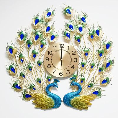 China Wholesale custom retro double wall clock peacock pattern factory direct sales radio iron home decoration for sale