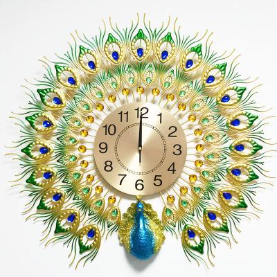 China Radio Newcomer Clocks Large Luxury Home Decoration Living Room Metal Peacock Wall Decor Clock for sale