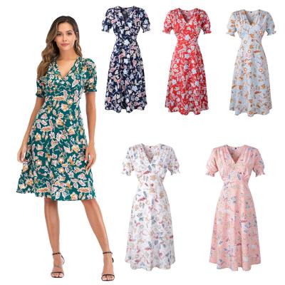 China Women Casual Dress Breathable Streetwear High Waist Multicolor Floral Print V-Neckline Long Dresses for sale