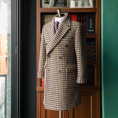 China high quality 100% wool Anti-wrinkle custom bespoke dog tooth control design trench men coat long for sale