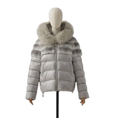 China Winter Plain Quilted Rex Rabbit Casual Shiny Light Shell and Fox Fur Bottom Edge Detachable Zippers Quilted Hooded Girl's Women's Clothing for sale