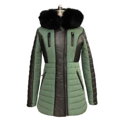 China Winter Polyester Quilted Fabric Waded Fox Fur Genuine Leather Hood Puffer Jacket Women Detachable Jacket for sale