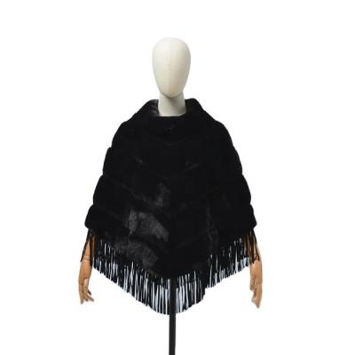 China Free Size OEM Fashion Street Wear Faux Rex Rabbit Fur Coat With Tassel Breathable Cheap Stylish Faux Leather Poncho For Women for sale