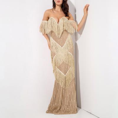 China New Elegant Sleeveless Tassel Evening Mermaid Dress New Long Sleeve Retro Formal Dress Sequin V Neck Breathable Formal Maxi Dress for sale