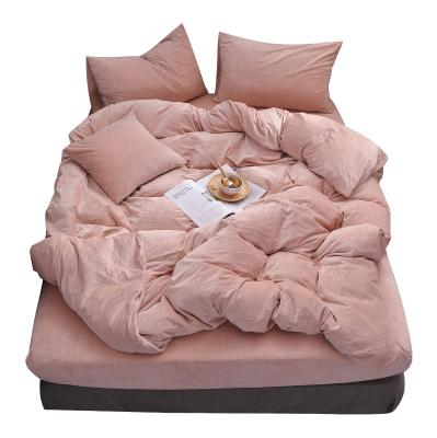 China Disposable Solid-Color Plush Shorts Plush Coral Fleece-Wool Quilt Cover Printed Velvet Extra Thick Warm Sheet Set Of 4 for sale