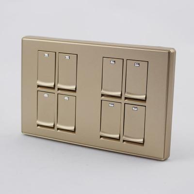 China Security Export UK Standard Panel 8 Gang 1 Way Light Wall Switch Factory Supplier Gold for sale