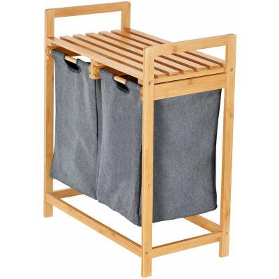 China Camp Laundry Bathroom Sliding Wooden Laundry Hamper Two-Piece Removable Hamper Shelf Bamboo Basket With Double Compartments for sale