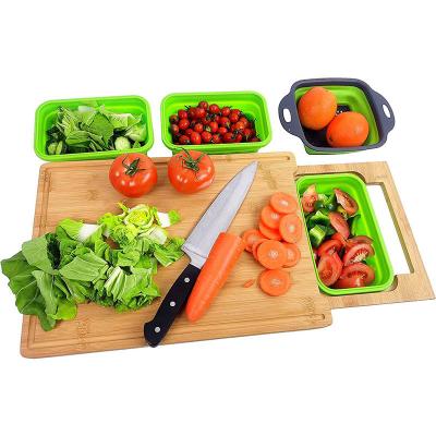 China Viable Bamboo Chopping Board Chopping Plates With Trays Wooden Bamboo Chopper With 3 Drawer Plastic Containers for sale