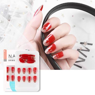 China Design Fake Nails Red Gold Short Oval Fake Nails Full Coverage Press On Nails Art Tips 24 Pcs For Women for sale