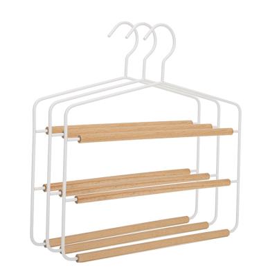 China Modern High Quality Multi Layers Metal Scarf Hangers with Wooden Round Bars for Cloth Pants Storage or Display Laundry Hangers for sale