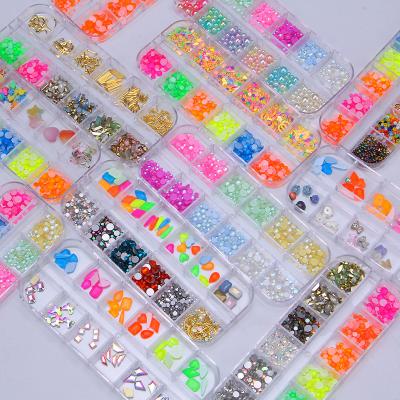 China Glow in the Dark New Arrival 12Grids Mixed 3D Shape and Size Rhinestone Flat Back Glass Luminous Glow in the Dark for Nail Fingers for sale