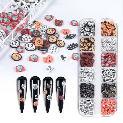 China Easy Apply 12 Hoops Fall Winter Nail Art 3D Cartoon Clay Mixed Shape Ghost Skull Nail Stickers For Halloween Nail Decorations for sale