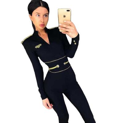 China New Maxi Metal Studded Celebrity Bandage Anti-Static Black V-Neck Women's Formal Black Long Sleeve Overalls for sale