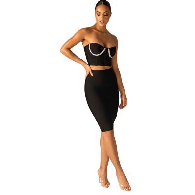 China Anti-Static Ladies Black Off Shoulder Bodycon Casual Midi Dresses Belly Bandaged Beaded Fluted Bustier One Piece Dress For Women for sale