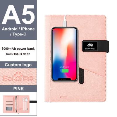 China 2021 Fashion A5 Promotion 8GB USB Flash Drive PU Agenda Wireless Filling Leather Diary 2021 Hardcover Book 2020 With Power Bank Notebook for sale