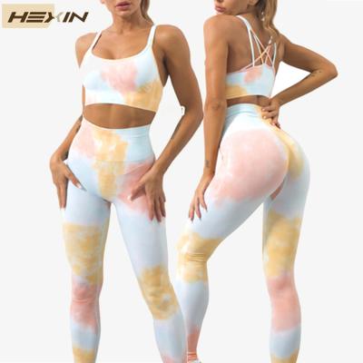 China HEXIN Breathable Wholesale Custom Tie Dye Printed Workout Gym Fitness Sets For Women Active Wear Yoga Set for sale