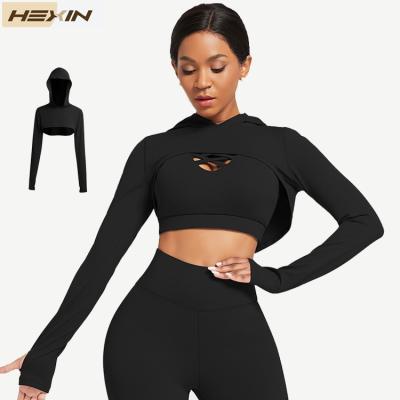 China Shirts & Tops Latest HEXIN Design Custom Long Sleeve Fitness Crop Tops Hoodie Women Workout Apparel for sale