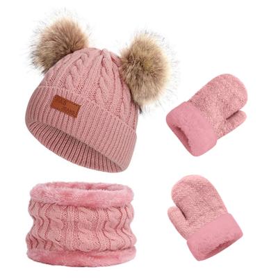 China Picture 3Pcs Kids Winter Knitted Hat Scarf Gloves Set With Striped Warm Fleece For 1-3 Years Old Kids Girls Boys for sale