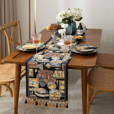 China Luxury Jacquard Polyester Flower Tassels Table Runner Bohe Style Geometric Retro Style Luxury Table Runner for sale