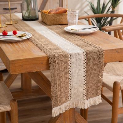 China America Country Style Cotton Jute Table Runner Splicing Decorative Natural Cotton Jute Dining Table Runner Retro Jute Natural for sale