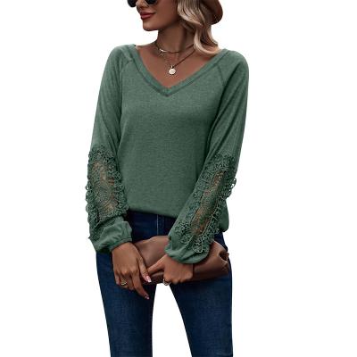 China 2022 Anti-wrinkle amazon hit women ladies tops v-neck lace casual v-neck pleated tunic tops shirts blouse for sale