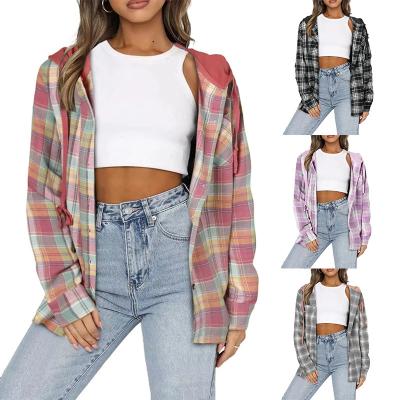 China Wholesale Women's Amazon Shopee Long Sleeve Button Down Breathable Drawstring Hooded Blouse Plaid Down Work Hoodie Shirt Top Jackets for sale