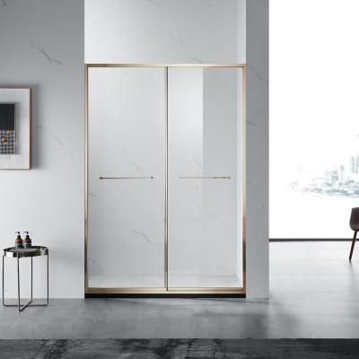 China New design Two Panel sliding soft close 304 stainless steel golden frame tempered glass shower screen for sale