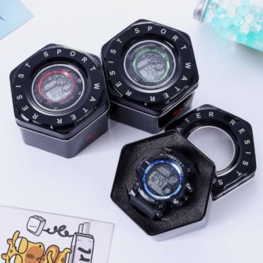 China Gift & Craft Custom logo matte black round hexagon watch tin box with clear window on lid and foam inside hexagon tin box for watch chocolate for sale