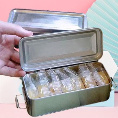 China Food Food safe airtight chocolate chips macaron cookies packaging long narrow rectangle tin box with rolling clip clasp for sale