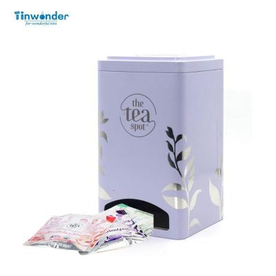 China Beverage Eco friendly luxury tea sachet tin dispenser box tea bags packaging square tin box with pillow lid and window on body dispenser for sale