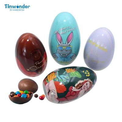 China Food Custom print Easter gift chocolate bean mint candy soap egg shaped tin box standing hanging tin egg chocolate egg tin box for sale