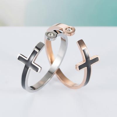 China FASHIONABLE Stainless Steel Rose Gold Christian Black Cross Women's Open Zircon Ring for sale