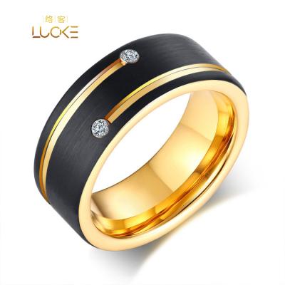 China TRENDY Tungsten Steel Black Brushed Gold Men's Diamond Zircon Wedding Engagement Ring for sale